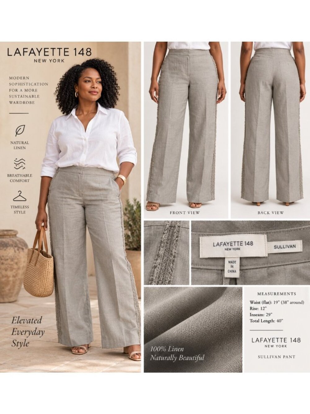 Lafayette 148 New York Sullivan Linen Pants US 14 Gray Fringe Wide Leg Trouser